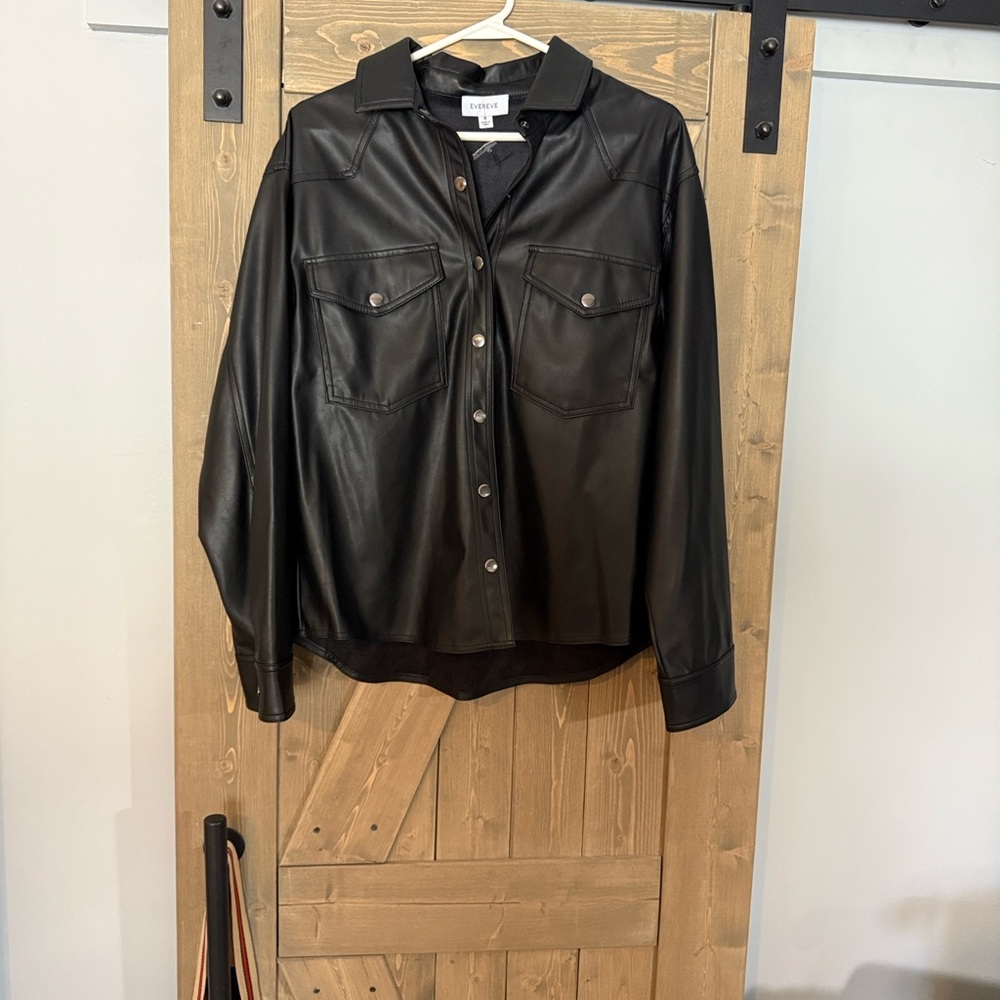 Evereve Black Faux Leather Button-Up Shirt/Shacket